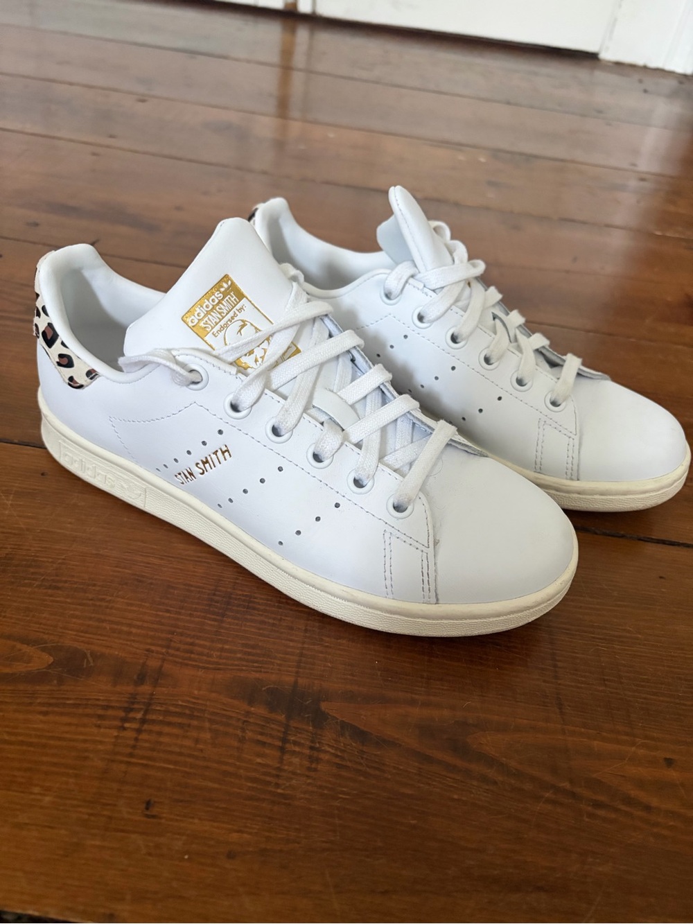 adidas Stan Smith White Sneakers with Leopard Heel Accent